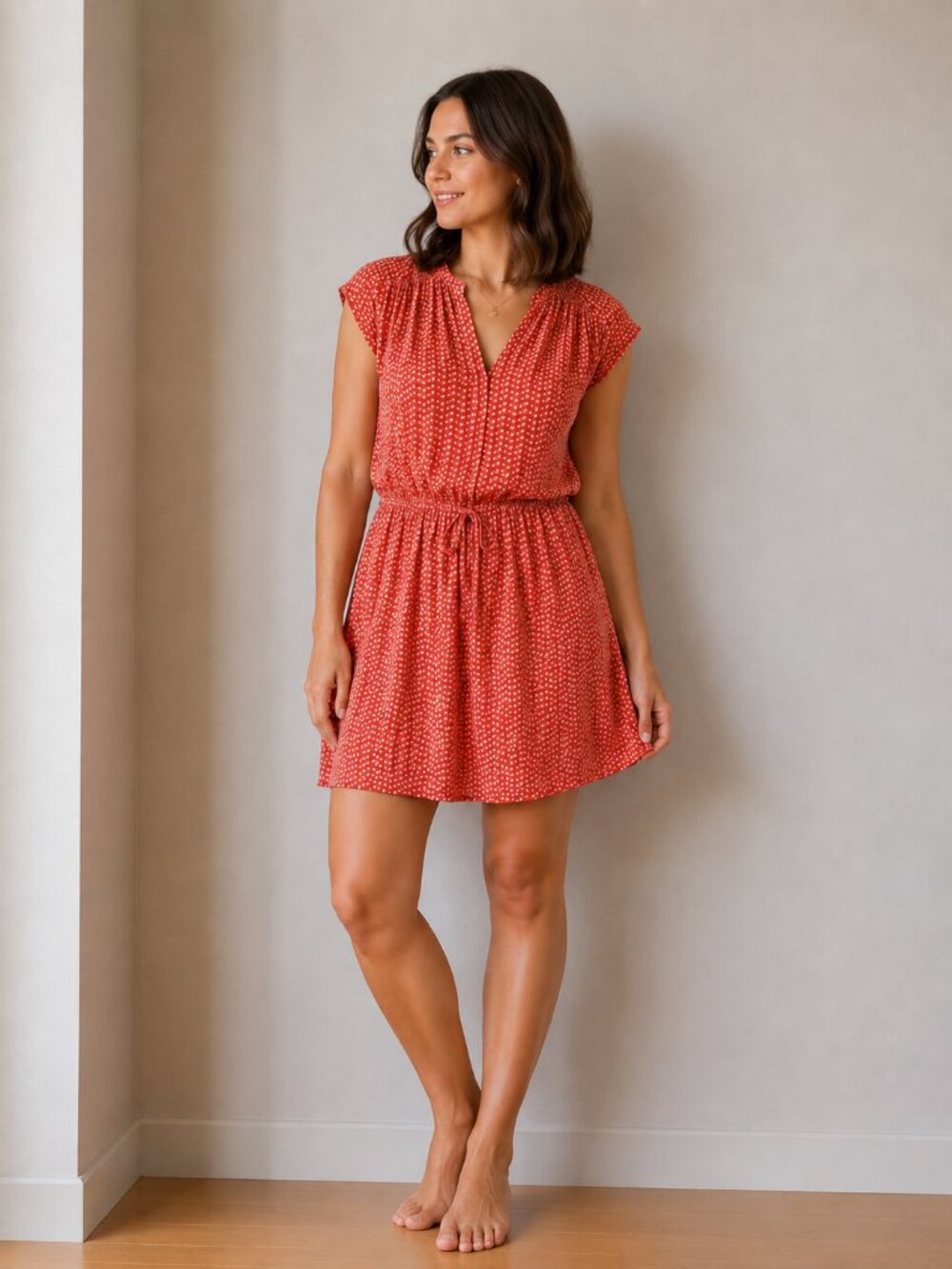 DR2 Red Mini Dress with Tiny Floral Print